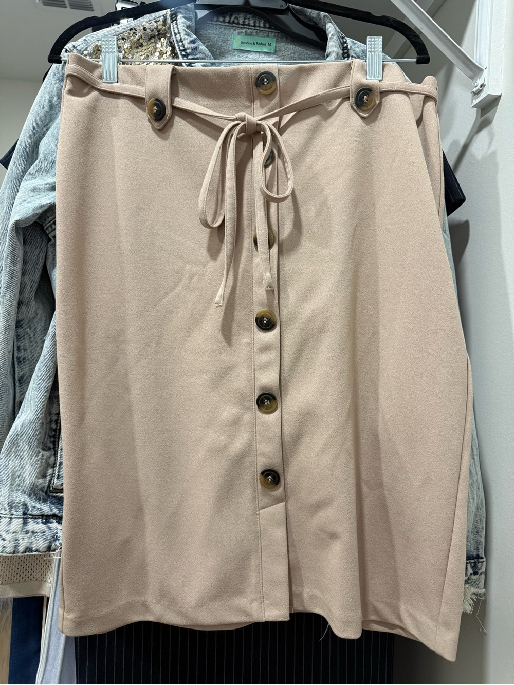 Beige Button-Front Mini Skirt with Tie Waist